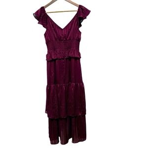 City Studio Dress Womens M Wine Burgundy Midi Babydoll  V Neck Y2K Metallic